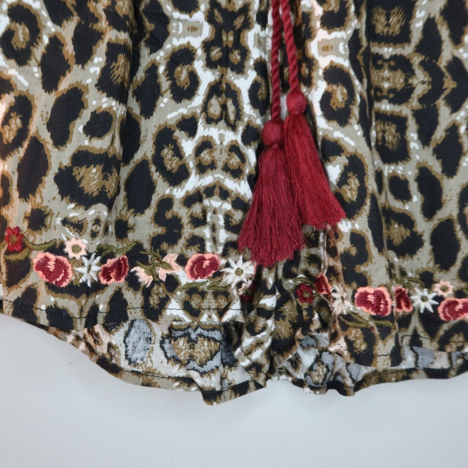 Blue Rain Leopard Print Embroidered Hem Shorts Womens S Tassel Boho Nwt Tassels — image 2 of 5
